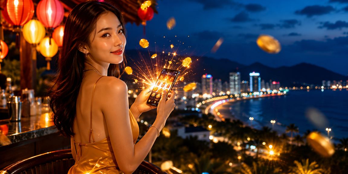 Màn hình slot cùng đèn lồng Hội An gợi bối cảnh giải trí mobile
